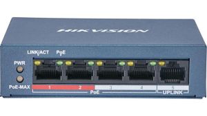 Hikvision DS-3E0105P-E/M(B) Switch with 1 uplink and 4 PoE+ 100 Mbit connections up to 300 meters