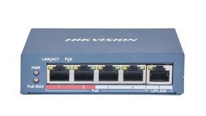 Hikvision DS-3E0105P-E(B) Switch with 1 uplink and 4 PoE+ 100 Mbit connections up to 300 meters