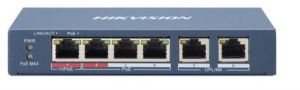 Hikvision DS-3E0106HP-E Switch with 2 uplink, 1 Hi-PoE and 4 PoE+ 100 Mbit connections up to 250 meters